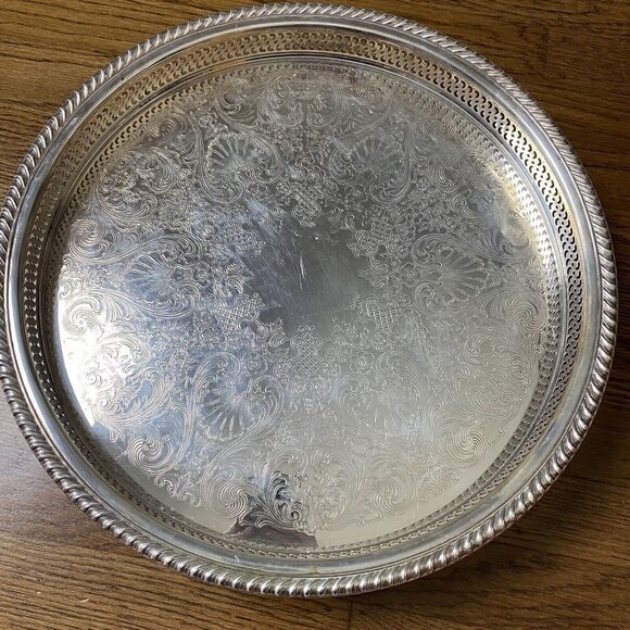 Wm ROGERS Silverplate Lazy Susan & Serving Gallery Tray Cocktail Bar Buffet - Picture 8 of 11